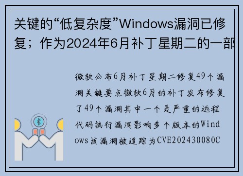 关键的“低复杂度”Windows漏洞已修复；作为2024年6月补丁星期二的一部分 媒体